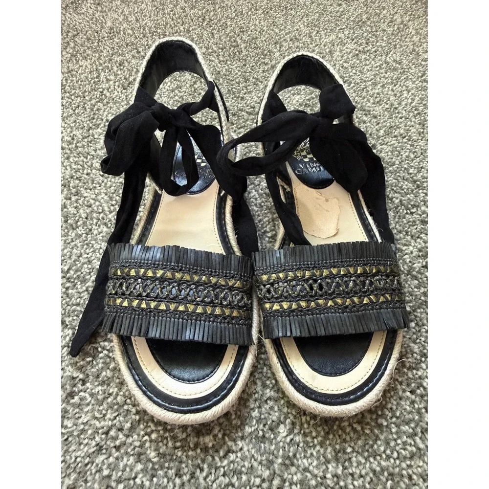 Vince Camuto Espadrille Sandals Womens 6.5 Black Fringed Studded Ankle Tie Boho